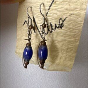 Handcrafted Dangle Earrings With Blue Beads & Copper Wire Detailing